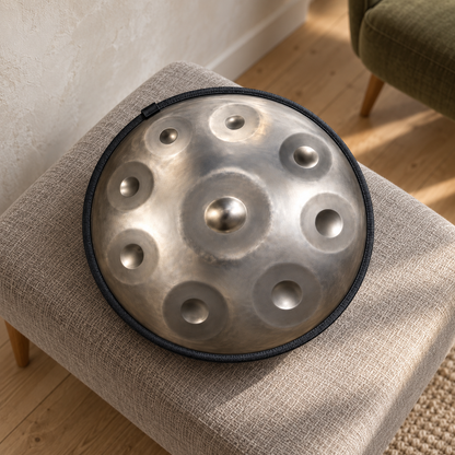 Risuono Luce — handpan argentato in un ambiente contemporaneo