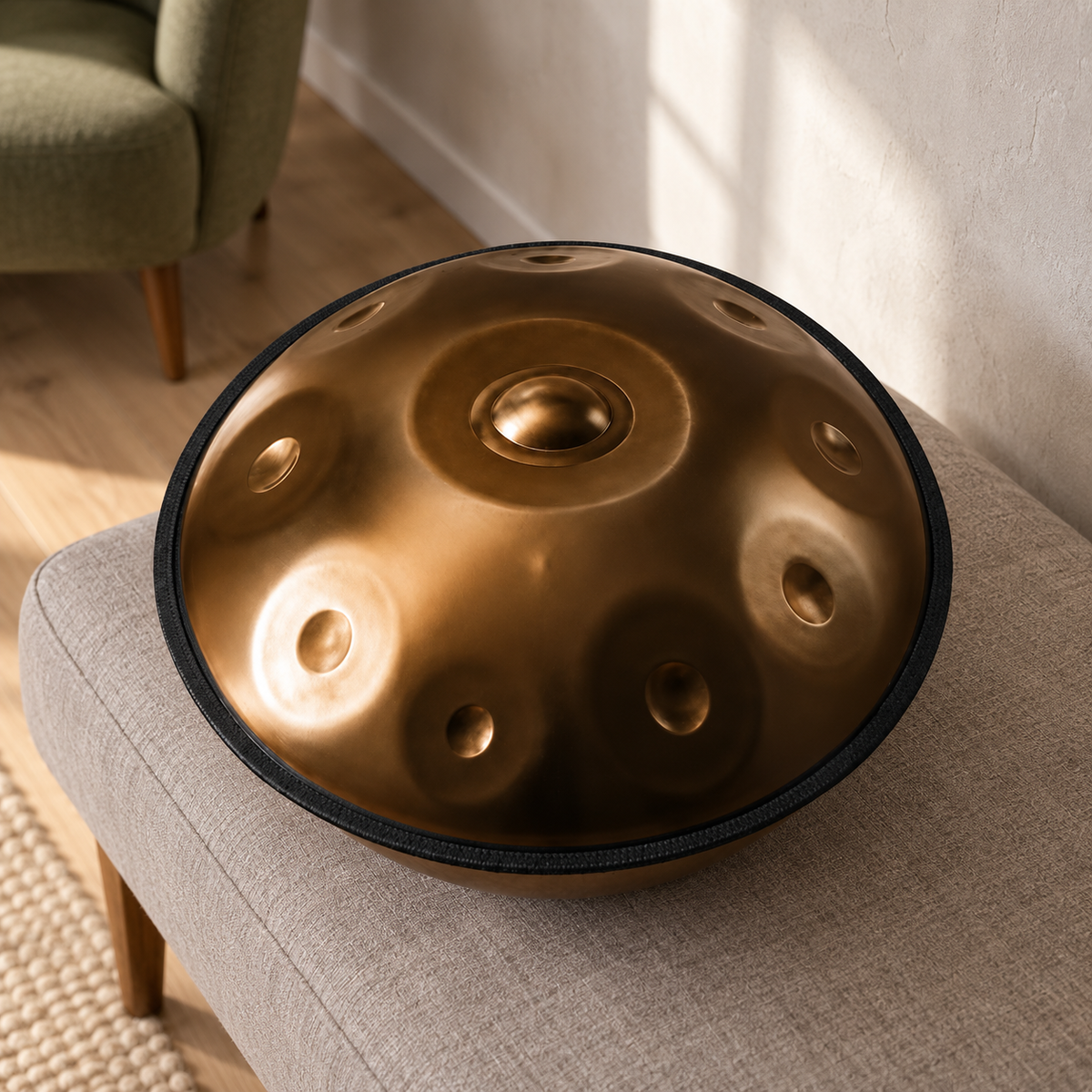 Risuono Terra — handpan color bronzo in un ambiente contemporaneo
