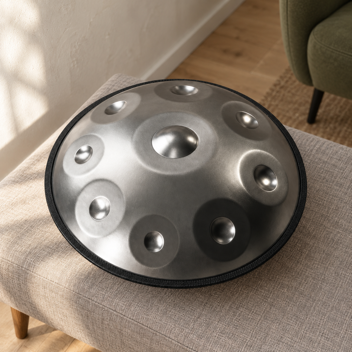 Risuono Aeris — handpan argentato in un ambiente contemporaneo