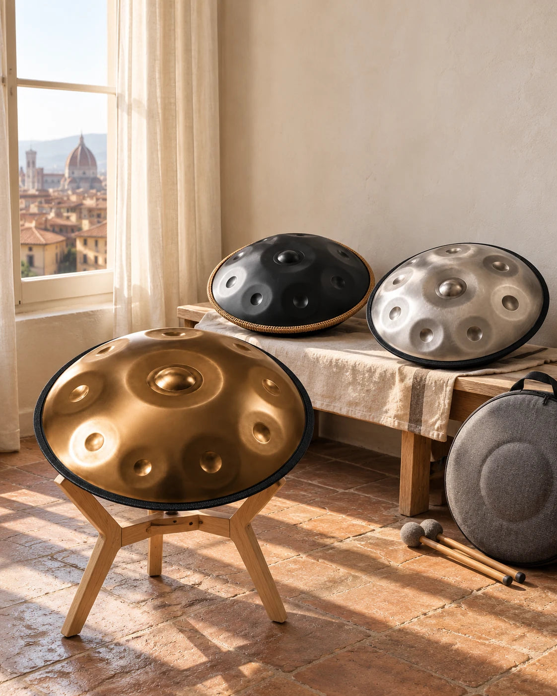 Tre handpan Risuono in una stanza luminosa di Firenze, con supporto, battenti e custodia