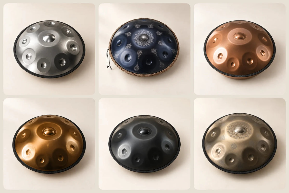 La collezione di handpan Risuono: argento, blu, rame, bronzo, nero e dorato