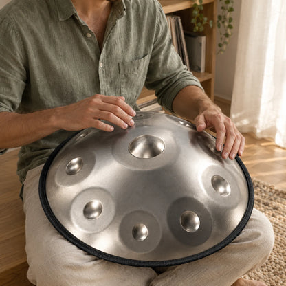 Handpan Risuono Luce in acciaio argentato mentre lo si suona in un angolo musicale di casa