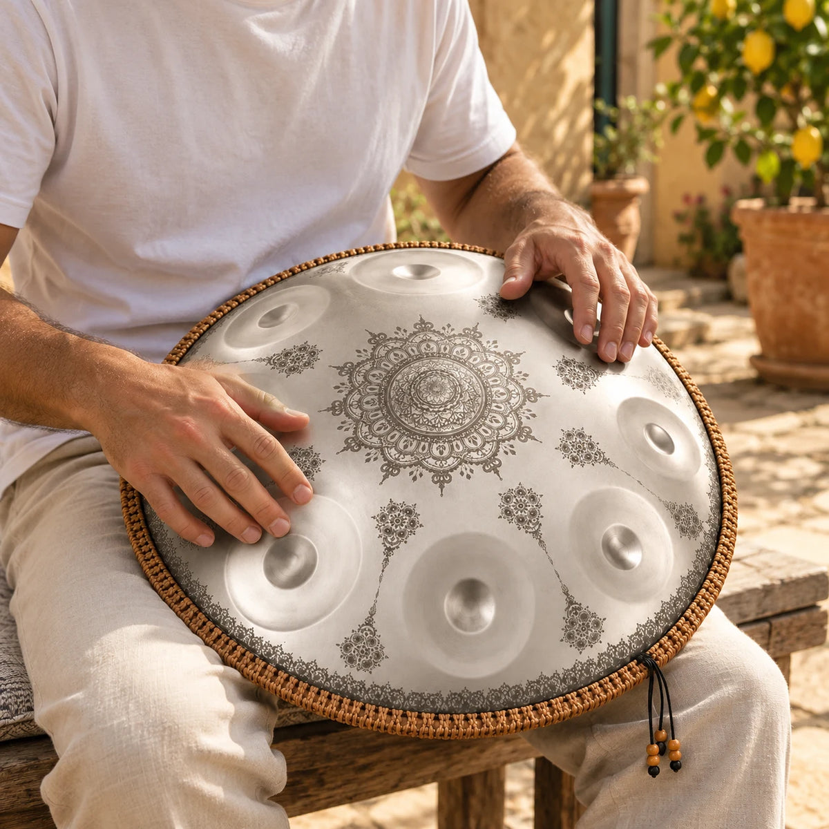 Handpan Risuono Fiore con decoro floreale mentre lo si suona in un cortile al sole