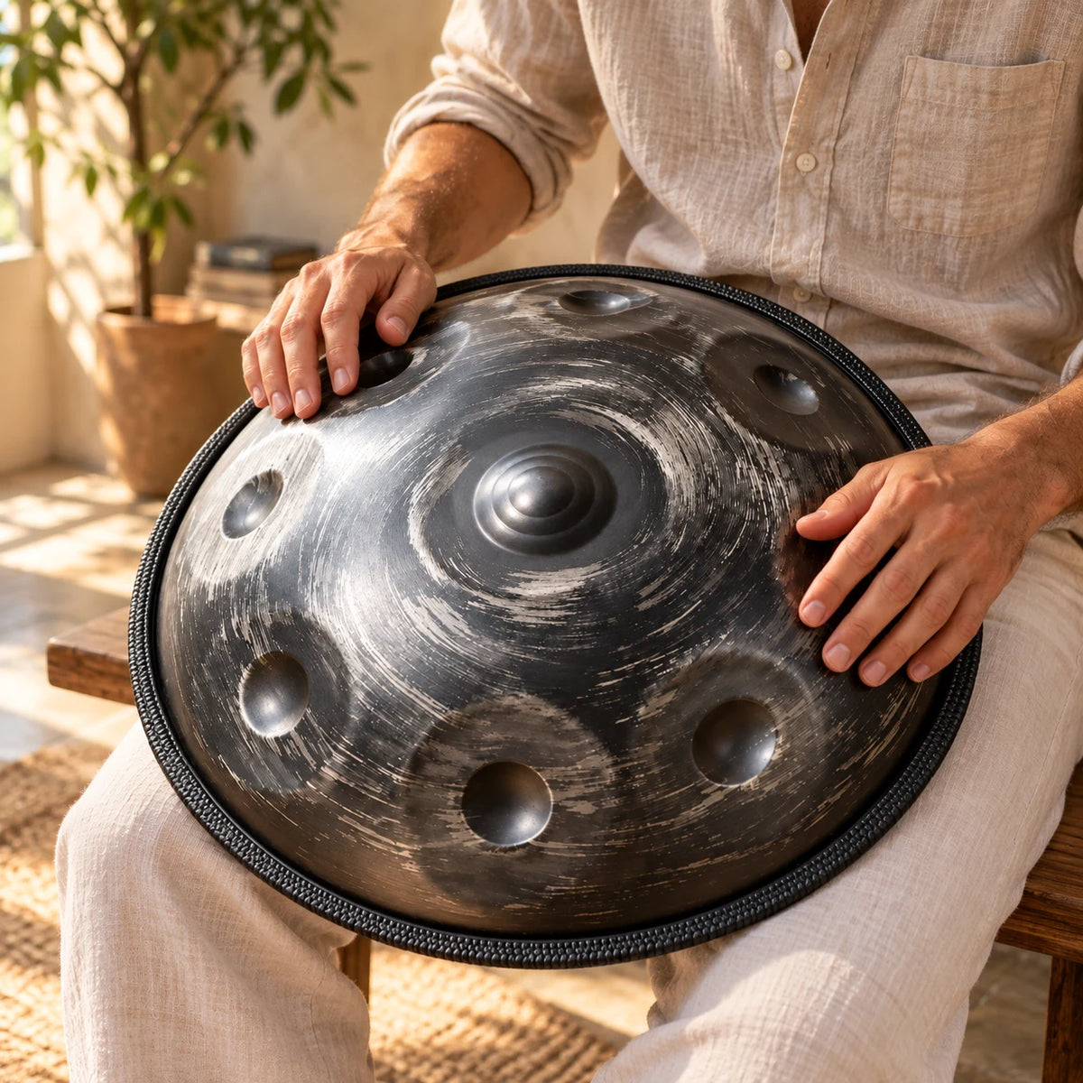 Handpan Risuono Ferro antracite mentre lo si suona in un soggiorno luminoso