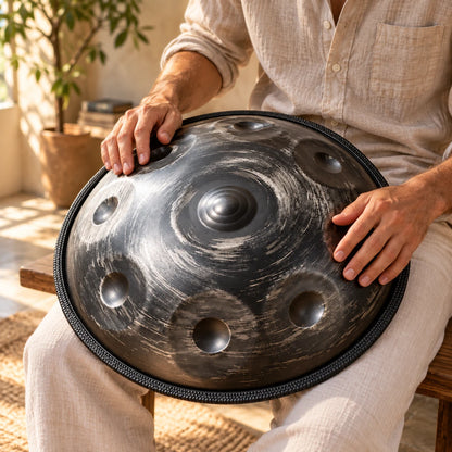 Handpan Risuono Ferro antracite mentre lo si suona in un soggiorno luminoso