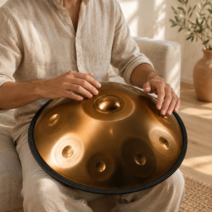 Handpan Risuono Terra in Re Kurd mentre lo si suona con le dita, appoggiato sulle gambe