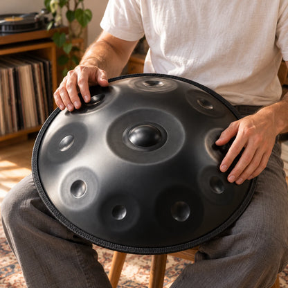 Handpan Risuono Nero nero opaco mentre lo si suona in un angolo musica di casa