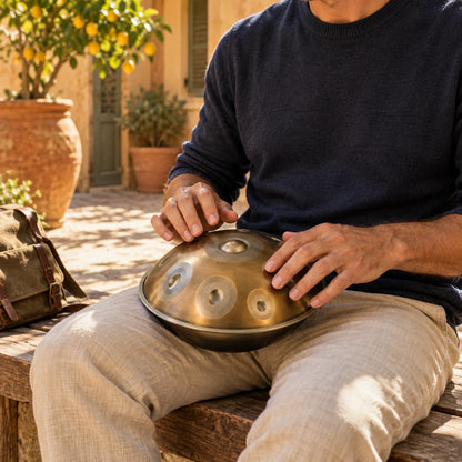 Handpan da viaggio Risuono Tascabile da 30 cm mentre lo si suona in un cortile