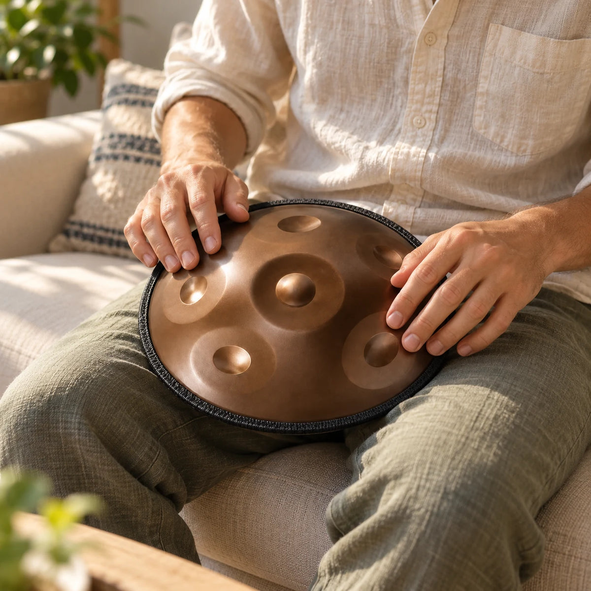 Mini handpan Risuono Bruno Mini da 30 cm a 6 note mentre lo si suona sul divano