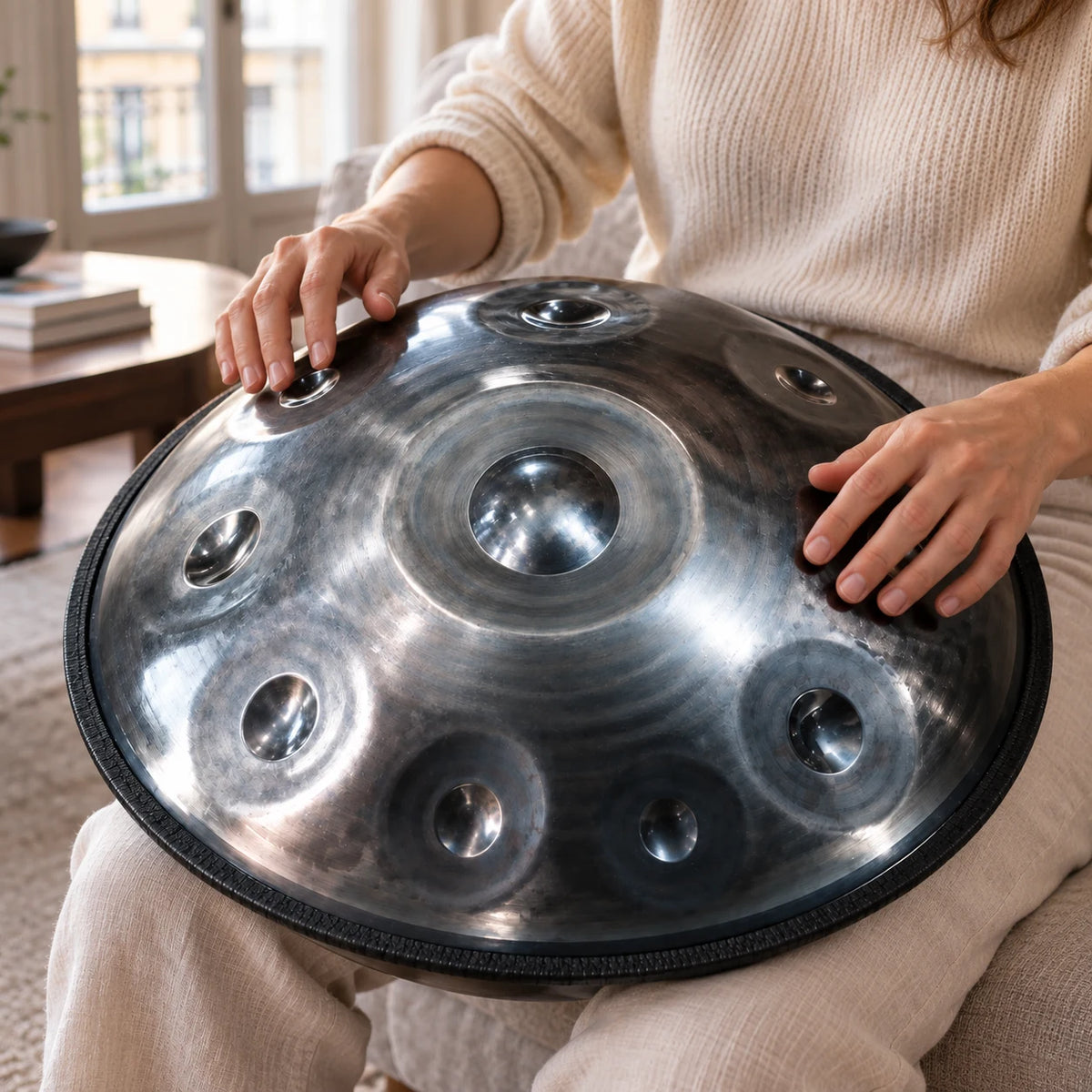 Handpan Risuono Notturno in acciaio lucido mentre lo si suona sul divano di un appartamento milanese