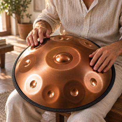 Handpan Risuono Rame mentre lo si suona in un soggiorno luminoso