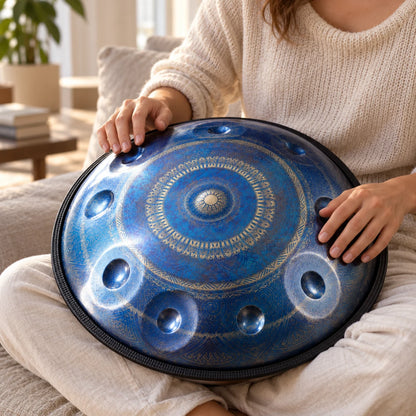 Handpan Risuono Arabesco blu con incisioni concentriche mentre lo si suona in un appartamento a Milano