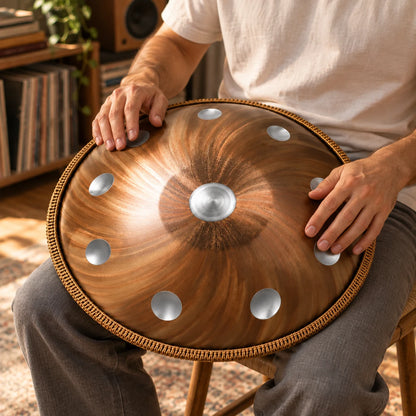 Handpan Risuono Spira con spirale ramata mentre lo si suona in un angolo musica di casa