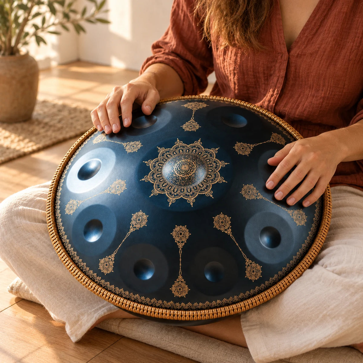 Handpan Risuono Astrale blu con decori dorati mentre lo si suona in uno studio luminoso