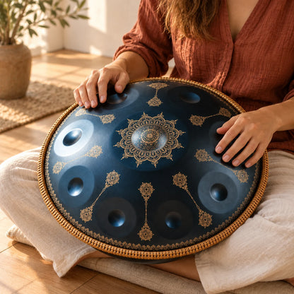 Handpan Risuono Astrale blu con decori dorati mentre lo si suona in uno studio luminoso