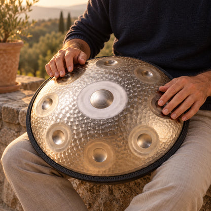 Handpan Risuono Argento Battuto martellato mentre lo si suona su una terrazza toscana