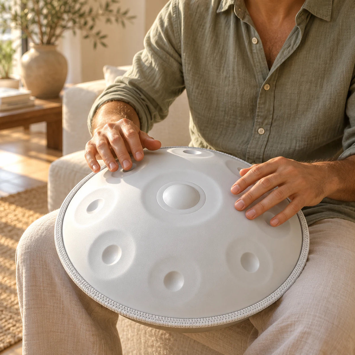 Handpan Risuono Bianco mentre lo si suona in un soggiorno luminoso