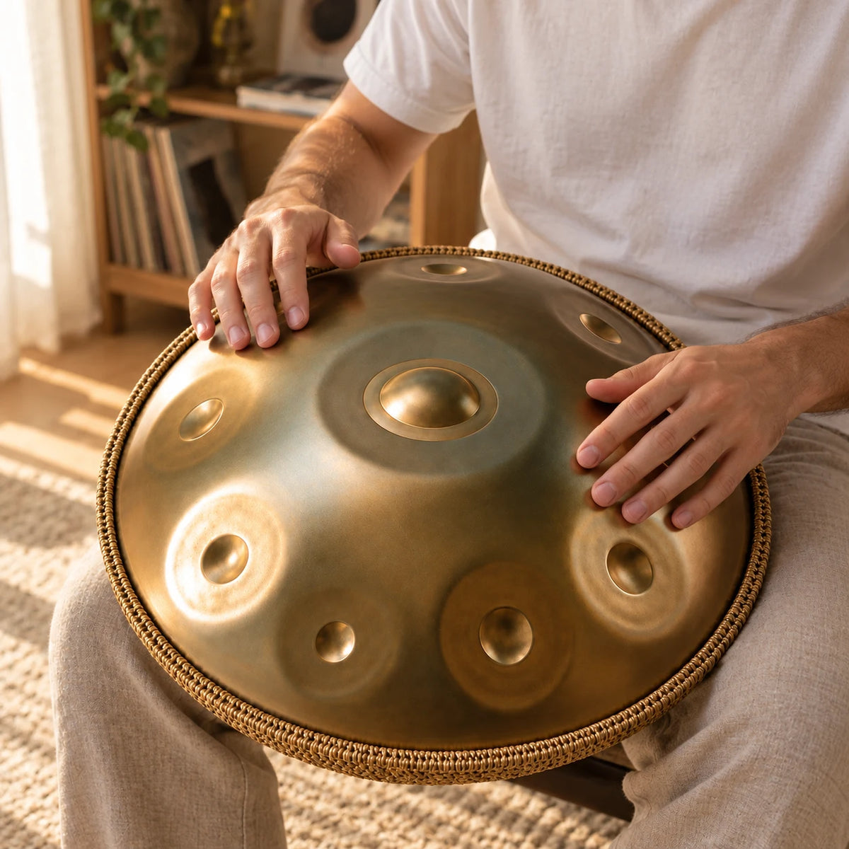 Handpan Risuono Doppio dorato mentre lo si suona in un angolo musica di casa
