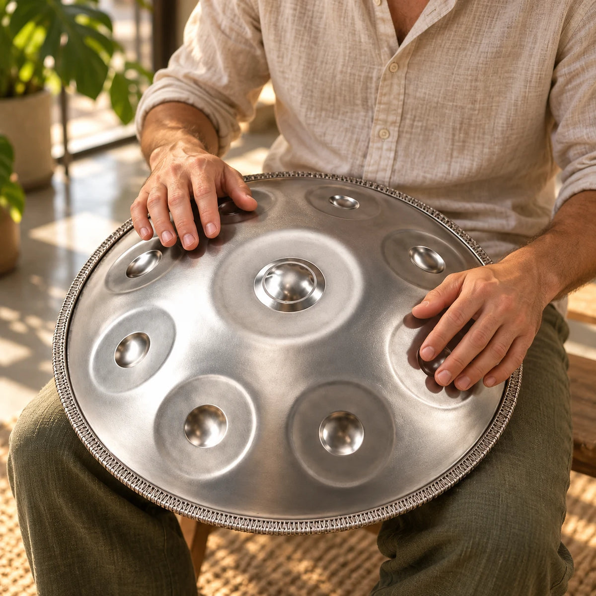 Handpan Risuono Aria in acciaio spazzolato mentre lo si suona in un loft luminoso