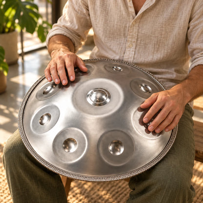 Handpan Risuono Aria in acciaio spazzolato mentre lo si suona in un loft luminoso