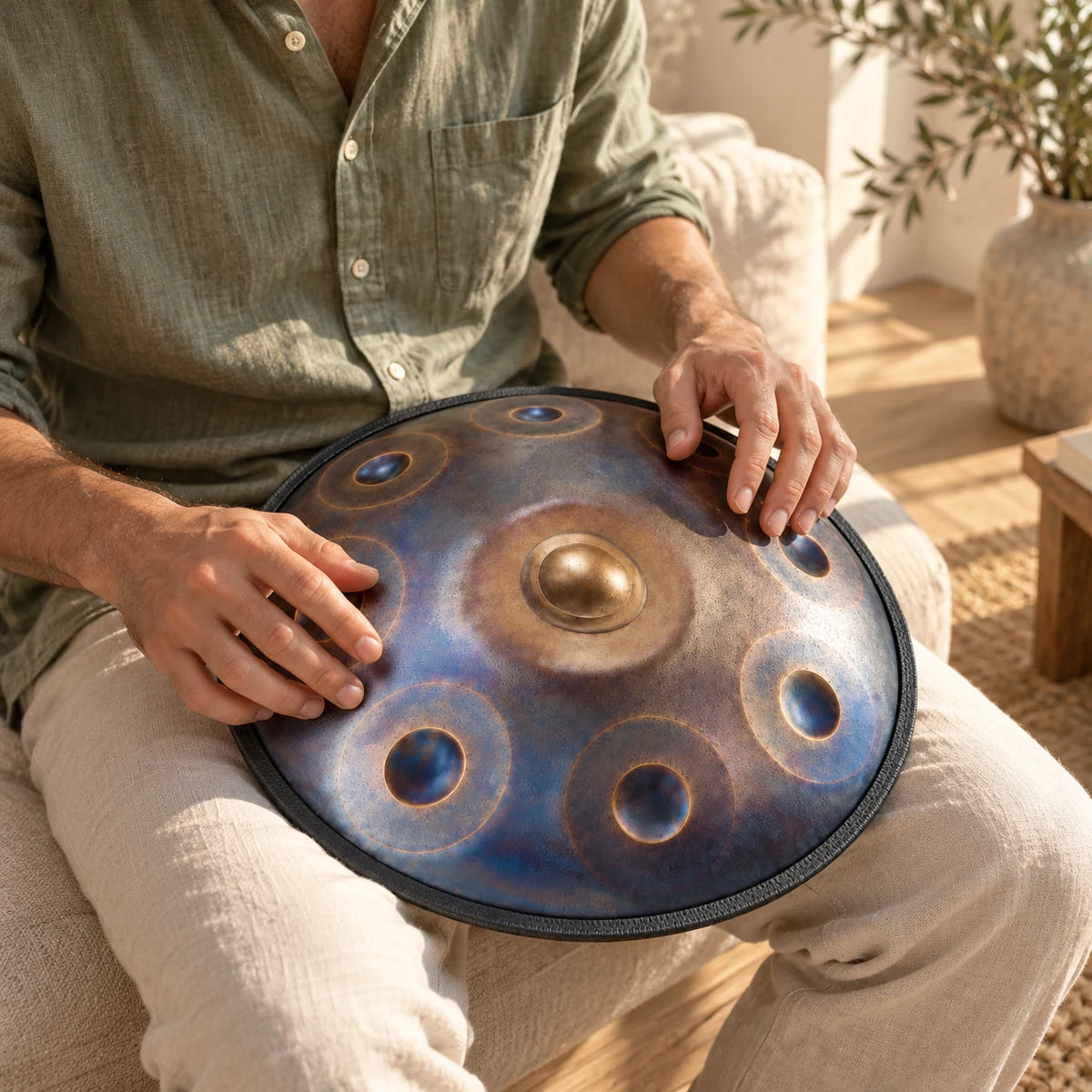 Handpan Risuono Galassia dai riflessi iridescenti mentre lo si suona in un soggiorno luminoso