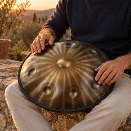 Handpan Risuono Raggio con raggiera dorata mentre lo si suona su una terrazza toscana