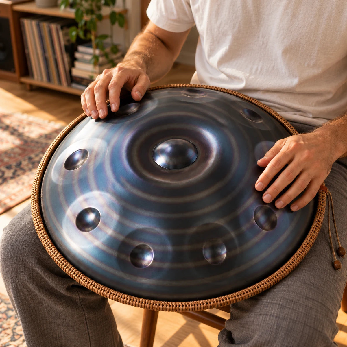 Handpan Risuono Cerchi con motivo a cerchi concentrici mentre lo si suona in un angolo musica di casa